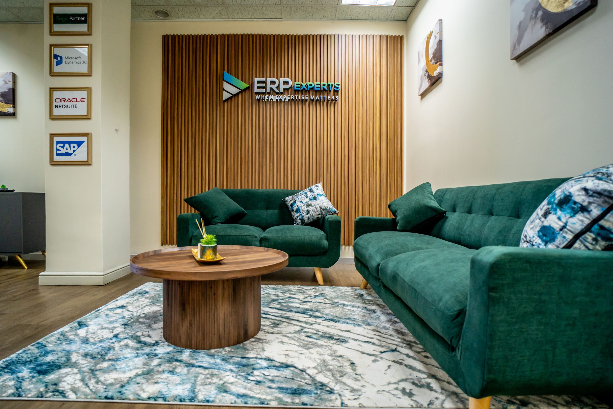 Branded office reception and seating area